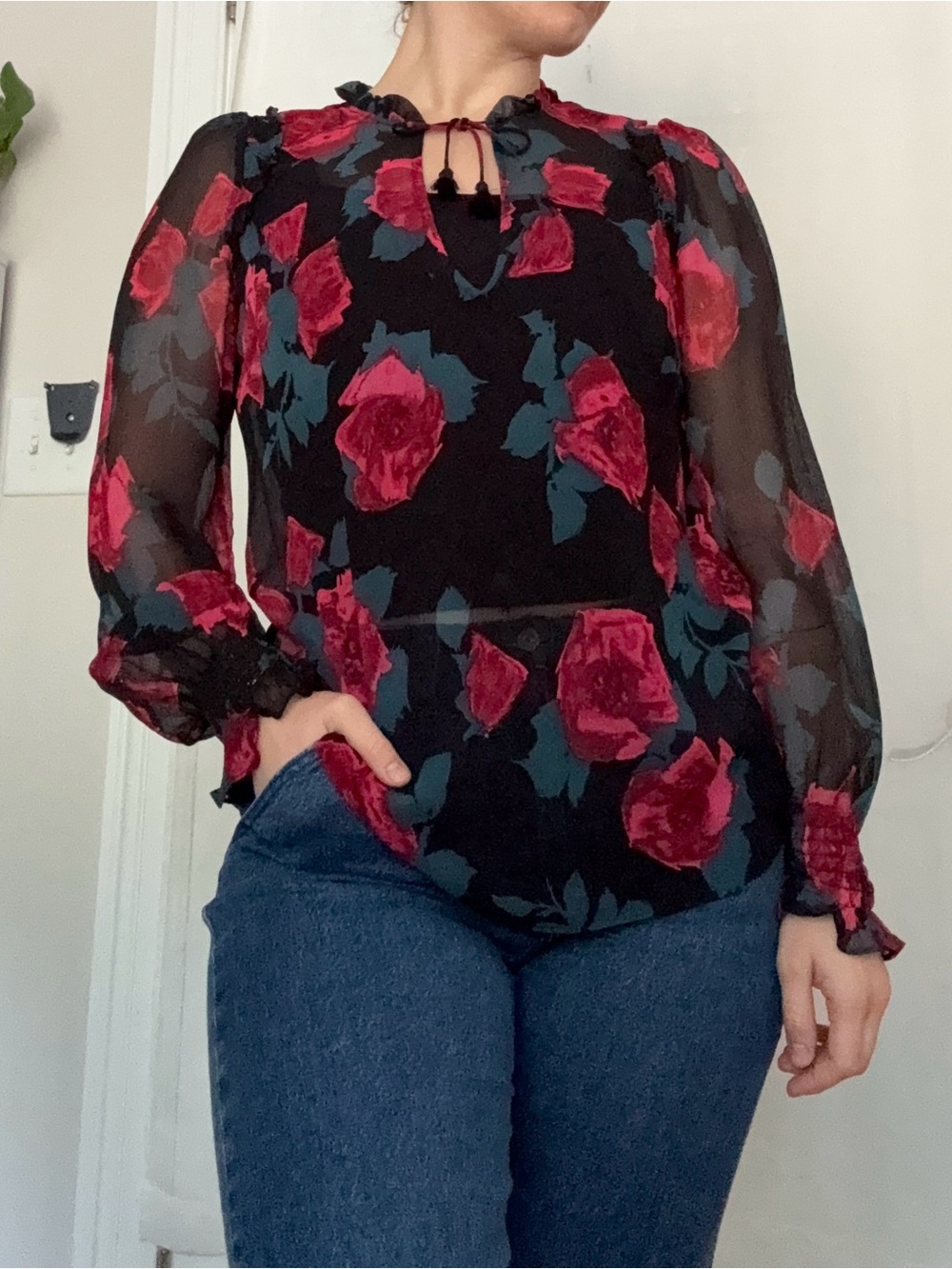 PAIGE 100% Silk Floral Blouse Sheer Black Red Long Sleeve Boho Top Size M